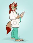  anthro belly big_belly canid canine canis clipboard coyote doctor duo feet female hair long_hair mammal nicnak044 paws pregnant solo 