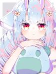  1girl animal_ear_fluff animal_ears bangs blue_hair blunt_bangs blush bracelet delmin_(show_by_rock!!) dress drill_hair frown hair_between_eyes hair_ornament highres horns jewelry light_blue_hair long_hair looking_at_viewer lutz_compass multicolored multicolored_eyes no_nose pink_horns purple_dress purple_sailor_collar red_eyes ribbon sailor_collar sailor_dress show_by_rock!! simple_background sleeveless sleeveless_dress smile solo stuffed_animal stuffed_toy tsurime twin_drills upper_body very_long_hair yellow_eyes 