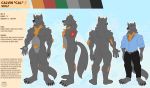  anthro bottomwear calvin_anderson canid canine canis claws clothing diddydoo english_text fur grey_body grey_fur male mammal mature_male model_sheet orange_body orange_fur pants solo suit text wolf 