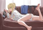  1girl absurdres ahoge artoria_pendragon_(all) ass barefoot blue_ribbon braid braided_bun breasts cleavage couch eating fate/grand_order fate/stay_night fate_(series) green_eyes hair_bun hair_ribbon hehuyezi highres indoors lying nintendo_switch on_stomach ribbon saber shirt sidelocks sketch skirt skirt_removed solo white_shirt window 
