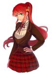  1girl breasts circlet commentary_request cowboy_shot eyebrows_visible_through_hair green_eyes hair_between_eyes hand_on_hip large_breasts long_hair long_sleeves looking_at_viewer ponytail pyrrha_nikos red_hair rwby school_uniform simple_background skirt smile solo sora_(efr) standing white_background 