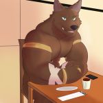  1:1 anthro ashi_ton black_nose blue_eyes brow brown_body brown_fur canid canine canis coffee_cup fur gold_ring looking_at_viewer male mammal muscular muscular_anthro muscular_male phone smile solo ticket wolf 