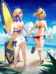  2girls ahoge anger_vein artoria_pendragon_(all) artoria_pendragon_(swimsuit_archer) ass back ball bare_shoulders beach beachball bikini blonde_hair braid broken commentary day fate/grand_order fate_(series) flying_sweatdrops full_body hair_bun highres mordred_(fate)_(all) mordred_(swimsuit_rider)_(fate) multiple_girls outdoors ponytail sandals sky sleeveless standing surfboard swimsuit tonee water 