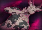  abstract_background antelope anthro arm_tattoo beastars bovid chest_tattoo claws fangs felid gazelle horn hybrid leopard leopard_spots male mammal melon_(beastars) msdk_max muscular muscular_anthro muscular_male nude open_mouth pantherine pecs pupils red_background signature simple_background small_pupils solo spots spotted_body 