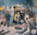  arknights bag beach beach_mat bird blonde_hair brown_hair denim denim_shorts eating feather_hair feathers flamingo food guitar hands_in_pockets highres horns ifrit_(arknights) innertube instrument jacket long_hair low_twintails orange_eyes palm_tree pants popsicle saria_(arknights) seashell shadow shell shoes short_hair shorts silence_(arknights) slippers starfish surfboard tail tree twintails vehicle white_hair yellow_eyes youamo 