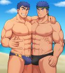  2boys abs bara blue_eyes blue_hair bulge bulge_press chest fire_emblem fire_emblem:_the_binding_blade fire_emblem:_the_blazing_blade hector_(fire_emblem) ike_(fire_emblem) looking_at_viewer male_focus male_swimwear multiple_boys multiple_penises muscle nipples pectoral_docking pectorals penis penises_touching shirtless smile swim_briefs swimwear thick_eyebrows thighs upper_body vert_cypres 