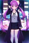  1girl absurdres ahoge bangs black_shorts blue_hair blunt_bangs blurry blurry_background city city_lights closed_mouth coat collarbone colored_inner_hair cqingwei eyebrows_visible_through_hair hair_ribbon hand_in_hair highres hololive looking_at_viewer minato_aqua multicolored_hair overcoat purple_eyes purple_hair ribbon shirt shorts smile solo standing twintails two-tone_hair virtual_youtuber white_shirt 