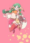  1girl blue_eyes breasts feena_(grandia) grandia grandia_i green_eyes green_hair hair_ornament hair_tubes jewelry long_hair looking_at_viewer low-tied_long_hair midriff navel necklace ninagawa_yaeko open_mouth skirt smile solo thighhighs wide_sleeves 