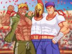  3boys abs alternate_costume bandages bara beowulf_(fate/grand_order) blonde_hair bulge fergus_mac_roich_(fate/grand_order) flexing headband helmet hug leonidas_(fate/grand_order) male_focus midriff multiple_boys muscle muscle_cavalier_(fate/grand_order) navel pectoral_docking pose purple_hair red_eyes scar thick_thighs thighs vert_cypres 
