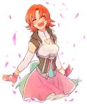  1girl breasts closed_eyes commentary_request cowboy_shot fingerless_gloves gloves medium_breasts nora_valkyrie open_mouth orange_hair rwby short_hair simple_background skirt solo sora_(efr) standing teeth white_background 