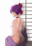  1girl ass back backlighting bangs bow breasts choker closed_mouth eyebrows_visible_through_hair from_behind frown gegege_no_kitarou glaring hair_bow hair_bun japanese_clothes kimono kimono_pull looking_at_viewer looking_back minpei_ichigo naked_kimono nekomusume nekomusume_(gegege_no_kitarou_6) nipples pointy_ears pulled_by_self purple_hair purple_kimono red_bow red_choker short_hair shouji shoulder_blades sideboob sliding_doors small_breasts solo standing white_background yellow_eyes 