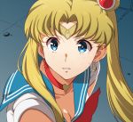  1girl bangs bishoujo_senshi_sailor_moon blonde_hair blue_eyes blue_sailor_collar breasts choker cleavage crescent crescent_earrings derivative_work diadem earrings hair_bun hair_ornament hair_over_shoulder heart heart_choker jewelry kunifuto light_frown long_hair looking_at_viewer meme parted_bangs parted_lips red_choker sailor_collar sailor_moon sailor_moon_redraw_challenge sailor_senshi_uniform screencap_redraw short_sleeves solo sweatdrop tsukino_usagi twintails upper_body 