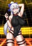  1girl arm_behind_head arm_up armpits black_swimsuit blue_bow bow breasts cloire_clover covered_navel covered_nipples cowboy_shot fate/grand_order fate_(series) hair_bow highleg highleg_swimsuit highres large_breasts long_hair one-piece_swimsuit ponytail red_eyes solo standing swimsuit tomoe_gozen_(swimsuit_saber)_(fate) 