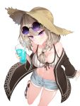  1girl arknights bangs bikini bikini_top black_coat braid breasts cleavage coat crazy_straw cup denim denim_shorts drink drinking_glass drinking_straw eyebrows_visible_through_hair eyewear_on_head food hair_between_eyes hat heart_straw highres holding holding_drink holding_food looking_at_viewer medium_hair purple_eyes sandals shorts sidelocks silver_hair single_braid smile solo standing standing_on_one_leg straw_hat sunglasses swimsuit teallysky utage_(arknights) 