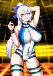  1girl arm_behind_head arm_up armpits blue_bow blue_swimsuit bow breasts cloire_clover covered_navel covered_nipples cowboy_shot fate/grand_order fate_(series) hair_bow highleg highleg_swimsuit highres large_breasts long_hair multicolored multicolored_clothes multicolored_swimsuit one-piece_swimsuit ponytail red_eyes solo standing swimsuit tomoe_gozen_(swimsuit_saber)_(fate) two-tone_swimsuit white_swimsuit 