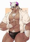  1boy abs animal_ears bara beard bulge chest chest_hair cow_boy cow_ears cow_horns facial_hair furry highres horns male_focus manly muscle p2yong pectorals purple_eyes purple_horns shennong_(tokyo_afterschool_summoners) solo thighs tokyo_houkago_summoners upper_body white_hair 