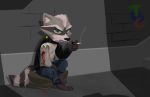  anthro barefoot biped black_nose blood blue_eyes bodily_fluids clothed clothing collar fur graffiti grey_body grey_fur hi_res holding_object male mammal procyonid raccoon ringtail ryan_lixo_(racczilla) shadow shock_collar sitting smoking theblueberrycarrots wounded 