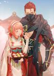 1boy 1girl =_= arm_at_side armor artist_name black_scarf blurry blurry_background blush cloak closed_eyes commentary_request cowboy_shot elbow_gloves fingerless_gloves fire_emblem fire_emblem_fates flying_sweatdrops food gloves hair_slicked_back hairband hand_on_own_chest hand_up highres holding holding_food iroha_(akei0710) japanese_armor japanese_clothes kimono kote looking_at_another mask medium_hair ninja ninja_mask one_eye_closed open_mouth pagoda pink_hair red_eyes red_hair saizo_(fire_emblem) sakura_(fire_emblem) scar scar_across_eye scarf short_hair smile sweatdrop white_cloak white_gloves white_kimono 