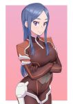  1girl arms_under_breasts blue_hair bodysuit breasts chobi_kuma crossed_arms elbow_gloves gloves hannah_melville highres large_breasts looking_at_viewer purple_eyes skin_tight zoids zoids_wild zoids_wild_zero 
