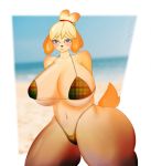  &lt;3 &lt;3_eyes 2020 animal_crossing anthro beach big_breasts big_butt bikini blush breasts butt canid canine canis cleavage clothed clothing domestic_dog fay_feline female fur hair hands_behind_back hi_res isabelle_(animal_crossing) looking_at_viewer mammal nintendo seaside shih_tzu smile solo standing swimwear thick_thighs toy_dog video_games wide_hips yellow_body yellow_fur 