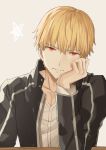  1boy bangs black_jacket blonde_hair closed_mouth collarbone dress_shirt eyebrows_visible_through_hair fate/stay_night fate_(series) gilgamesh grey_background hair_between_eyes head_rest highres jacket long_sleeves looking_at_viewer male_focus open_clothes open_jacket red_eyes shirt slit_pupils smile solo upper_body white_shirt x_key_s 