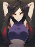  1girl armpits arms_behind_head arms_up artist_name azami_(pokemon) bare_shoulders breasts brown_hair closed_mouth commentary english_commentary eyebrows_visible_through_hair frontier_brain gloves long_hair looking_at_viewer midriff multicolored_hair phiphi-au-thon pokemon pokemon_(game) pokemon_emerald pokemon_rse purple_gloves red_eyes red_hair shiny shiny_hair smile solo streaked_hair upper_body 