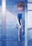  1girl 2020 bangs blue_eyes blue_shirt blurry_foreground brown_hair closed_mouth collarbone dated daylight919 eyebrows_visible_through_hair from_outside full_body grey_footwear haibara_ai hair_between_eyes labcoat meitantei_conan open_window rain shirt short_hair sitting slippers solo stairs watermark window 