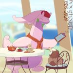  1:1 ambiguous_gender cafe chair derfisch duo feral furniture goodra hi_res nintendo pok&eacute;mon pok&eacute;mon_(species) pokemon_cafe_mix starly table teapot video_games waiter 