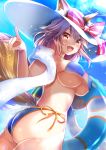  1girl :d animal_ear_fluff animal_ears ass bikini blue_bikini breasts commentary_request covered_nipples day fang fate/grand_order fate_(series) fox_ears fox_girl fox_shadow_puppet fox_tail happy hat holding holding_innertube innertube izumi_akane large_breasts long_hair looking_at_viewer open_mouth pink_hair smile solo swimsuit tail tamamo_(fate)_(all) tamamo_no_mae_(swimsuit_lancer)_(fate) underboob yellow_eyes 