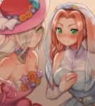  2girls blue_dress blush breasts bridal_veil brown_hair choker cleavage closed_mouth collarbone dress eleanor_hume folks_(nabokof) gloves green_eyes grin hair_intakes hair_over_one_eye index_finger_raised large_breasts long_hair magilou_(tales) medium_breasts multiple_girls pink_choker pink_dress pink_gloves pink_headwear pointy_ears shiny shiny_hair silver_hair sleeveless sleeveless_dress smile strapless strapless_dress tales_of_(series) tales_of_berseria veil 