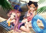  2girls absurdres aruma_(shinrabanshou) bare_legs barefoot beach blonde_hair day fuyu_no_kareha green_eyes hair_ribbon highres horns lifebuoy looking_at_viewer looking_back multiple_girls orange_juice outdoors pink_swimsuit pointy_ears ribbon shinrabanshou single_horn stuffed_animal stuffed_penguin stuffed_toy summer swimsuit terasu_(shinrabanshou) wings 