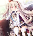  1girl akashio_(loli_ace) azur_lane between_legs black_skirt blurry blurry_background blush cape chess_piece commentary couch crown eyebrows_visible_through_hair flat_chest frown fur_cape hair_between_eyes hand_between_legs head_rest highres indoors light_particles long_hair long_sleeves looking_at_viewer pleated_skirt red_eyes shirt sitting skirt solo thighhighs twintails valiant_(azur_lane) very_long_hair white_hair white_legwear white_shirt 