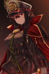  1girl bangs belt black_hair black_headwear black_jacket breasts buttons cape chain closed_mouth family_crest fate/grand_order fate_(series) fumafu gloves hat highres jacket katana koha-ace large_breasts long_hair long_sleeves looking_at_viewer medallion military_hat oda_nobunaga_(fate) oda_nobunaga_(fate)_(all) oda_uri peaked_cap popped_collar red_cape red_eyes rope sidelocks smile sword weapon 
