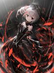  1girl bangs bare_shoulders black_dress black_gloves blood bloody_knife bronya_zaychik closed_mouth commentary_request dress elbow_gloves eyebrows_visible_through_hair gloves grey_hair hair_between_eyes highres holding holding_knife honkai_(series) honkai_impact_3rd jell_(jell_y_fish) knife looking_at_viewer multicolored_hair rain red_eyes red_hair side_ponytail sidelocks solo strapless strapless_dress streaked_hair two-handed 