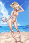  1girl ass_visible_through_thighs ball barefoot beach beachball blonde_hair breasts celica_(xenoblade_x) cloud damagefloor day facial_mark feet full_body hair_over_one_eye horizon medium_breasts navel nipples nude outdoors pointy_ears pussy sky smile solo standing xenoblade_(series) xenoblade_x 