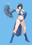  1girl abs armlet armpits blue_legwear boots breasts brown_eyes brown_hair cirenk cleavage cosplay fan folding_fan full_body high_heels highres holding holding_weapon kazama_asuka kitana kitana_(cosplay) large_breasts legs midriff mortal_kombat mortal_kombat_9 navel short_hair solo standing tekken thighhighs thighs weapon 