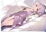  1girl absurdres bangs bed bed_sheet blush breasts day dress dutch_angle eyebrows_visible_through_hair highres indoors jacket ke-ta kishin_sagume looking_at_viewer looking_to_the_side lying nipples no_bra no_panties non-web_source on_back on_bed one_breast_out open_clothes open_dress open_jacket pillow purple_dress red_eyes short_dress short_hair silver_hair sleeping small_breasts solo sunlight swept_bangs tareme thighs touhou translation_request white_jacket 