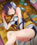  1girl aqua_eyes bangs bare_shoulders between_legs black_hair blunt_bangs blush book breasts cleavage commentary_request eyelashes from_above futon hand_between_legs headphones highres kamitsure_(pokemon) kayama_kenji looking_at_viewer lying official_alternate_costume on_side one_eye_closed parted_lips photo_(object) poke_ball poke_ball_(basic) pokemon pokemon_(game) pokemon_masters shiny shiny_skin short_hair_with_long_locks solo teeth 