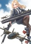  1girl aircraft airplane b-25_mitchell black_jacket black_legwear black_neckwear black_skirt blonde_hair blue_eyes blush bomber breasts closed_mouth eyebrows_visible_through_hair flight_deck gun highres hornet_(kantai_collection) jacket k_jie kantai_collection large_breasts long_hair long_sleeves looking_at_viewer machinery military military_vehicle necktie pantyhose pencil_skirt rigging shirt skirt smile solo symbol_commentary weapon white_shirt zipper zipper_pull_tab 