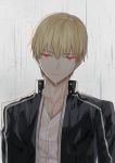  1boy bangs black_jacket blonde_hair closed_mouth collarbone dress_shirt eyebrows_visible_through_hair fate/stay_night fate_(series) frown gilgamesh grey_background hair_between_eyes highres jacket looking_at_viewer male_focus outdoors rain red_eyes shirt slit_pupils solo wet wet_hair white_shirt x_key_s 