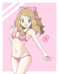  1girl bikini blue_eyes blush breasts cleavage commentary_request eyelashes floating_hair hair_ornament hand_up highres light_brown_hair long_hair looking_to_the_side navel open_mouth outstretched_arm pink_bikini pokemon pokemon_(anime) pokemon_xy_(anime) serena_(pokemon) shiny shiny_hair solo swimsuit tax2rin two-tone_background 
