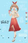  1girl :d absurdres ak1 bangs bare_shoulders blue_background blue_eyes bracelet brown_hair bug butterfly collarbone crop_top food front_slit full_body gen_3_pokemon gen_4_pokemon hair_between_eyes hairband haruka_(pokemon) highres holding holding_food ice_cream insect jewelry long_hair looking_at_viewer medium_skirt midriff munchlax navel open_mouth pokemon pokemon_(game) pokemon_rse red_hairband red_skirt shiny shiny_hair skirt skitty smile solo stomach torchic 