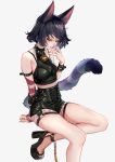  animal_ears bell bell_collar black_hair chain character_request collar copyright_request gold_chain high_heels highres lalil-le red_eyes short_hair sitting striped_tail tail 