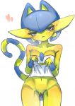  absurd_res animal_crossing ankha_(animal_crossing) ankhavoir_(ashraely) anthro ashraely big_breasts blue_hair blush breasts clothing digital_media_(artwork) domestic_cat egyptian embarrassed felid feline felis female fingers fur gardevoir genitals hair hi_res humanoid_genitalia hybrid jewelry mammal nintendo nude pok&eacute;mon pok&eacute;mon_(species) pussy simple_background solo video_games yellow_body 