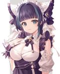  1girl absurdres azur_lane bangs blue_eyes blue_hair blunt_bangs breasts cheshire_(azur_lane) cleavage closed_mouth eyebrows_visible_through_hair highres large_breasts looking_at_viewer maid_headdress meshi-dan multicolored_hair short_hair smile solo streaked_hair upper_body 