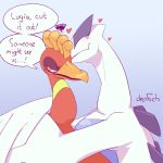  1:1 ambiguous_gender derfisch duo english_text feral ho-oh hug legendary_pok&eacute;mon lugia nintendo pok&eacute;mon pok&eacute;mon_(species) romantic_couple text tsundere video_games 