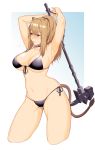  1girl absurdres animal_ears arknights arms_up bangs bikini black_bikini black_choker blush breasts brown_hair choker cleavage cropped_legs dyun gradient gradient_background highres holding holding_weapon large_breasts lion_ears lion_tail long_hair mouth_hold ponytail side-tie_bikini siege_(arknights) signature simple_background solo sweat swimsuit tail weapon 