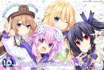  4girls anniversary black_hair blanc blonde_hair blue_eyes blush breasts brown_hair d-pad d-pad_hair_ornament double_v gloves hair_ornament hat highres long_hair medium_breasts multiple_girls neptune_(neptune_series) neptune_(series) noire official_art one_eye_closed open_mouth purple_eyes purple_hair red_eyes short_hair smile tsunako twintails v vert 