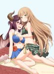  2girls absurdres anne_(shingeki_no_bahamut) bangs bare_arms bare_legs bare_shoulders bikini bikini_skirt black_hair blue_background blue_bikini blush bracelet breasts brown_hair cleavage closed_mouth commentary dragon_girl dragon_horns dragon_tail dragon_wings fang feet_out_of_frame felutiahime flower frills grea_(shingeki_no_bahamut) green_bikini green_eyes hair_between_eyes highres horns jewelry kneeling large_breasts long_hair looking_at_viewer medium_breasts multiple_girls navel open_mouth pointy_ears princess_connect! princess_connect!_re:dive purple_hair red_eyes red_flower sarong scales simple_background sitting sitting_on_lap sitting_on_person skirt smile swimsuit tail twitter_username wavy_mouth wings yuri 