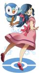  blue_eyes blue_hair bow dress drill_hair gen_4_pokemon hikari_(pokemon) long_hair looking_back pink_dress pink_footwear piplup poke_ball_symbol pokemon ponytail simple_background star_(symbol) suitenan 